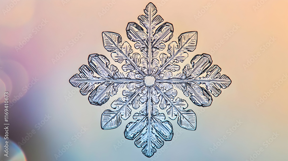 Poster a perfectly symmetrical snowflake in high detail against a soft blurred background