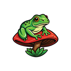 Create a vector illustration of a bright green frog resting on a red mushroom with a brown stem and green grass at the base.