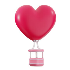 A 3D rendering of a pink heart-shaped hot air balloon with a white basket, isolated on a white background.