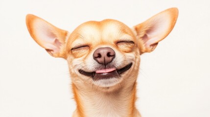 Happy chihuahua smiling broadly while tilting its head in a bright studio with a neutral background