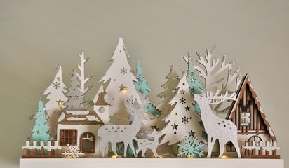 3 Layer LED Wooden Xmas Trees and Deer. Deer, cabin and Christmas trees made of wood with led light.Standing Holiday Trees, Deer in the forest, Christmas Reindeer Scene, Christmas forest decoration.
