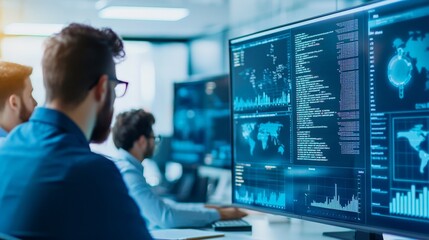 Cybersecurity Professionals Analyzing Data on Multiple Screens in Modern Office