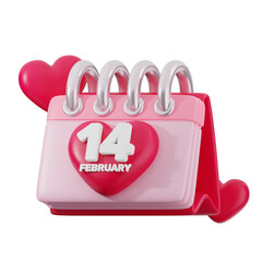 A 3D rendering of a pink calendar with the date February 14th highlighted in a heart shape, surrounded by pink hearts.