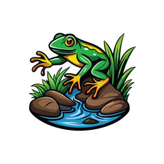 Cartoon vector illustration of a colorful frog jumping from a rock, surrounded by green grass and a blue stream.