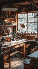 Cozy Rustic Workshop with Tools and Natural Light Streaming In
