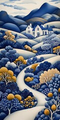 Obraz premium Serene countryside landscape with a white house and winding road