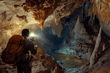 A traveler navigates through a cave, their headlamp revealing intricate stalactites and hidden chambers in dim light