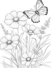Elegant line art butterfly and cosmos flowers