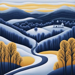 Obraz premium Winter landscape with rolling hills and a distant house at sunset