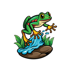 A vector illustration of a colorful frog jumping from one rock to another, surrounded by green grass and water.