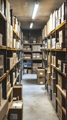 Obraz premium Organized Warehouse Aisle with Cardboard Boxes and Shelving Units