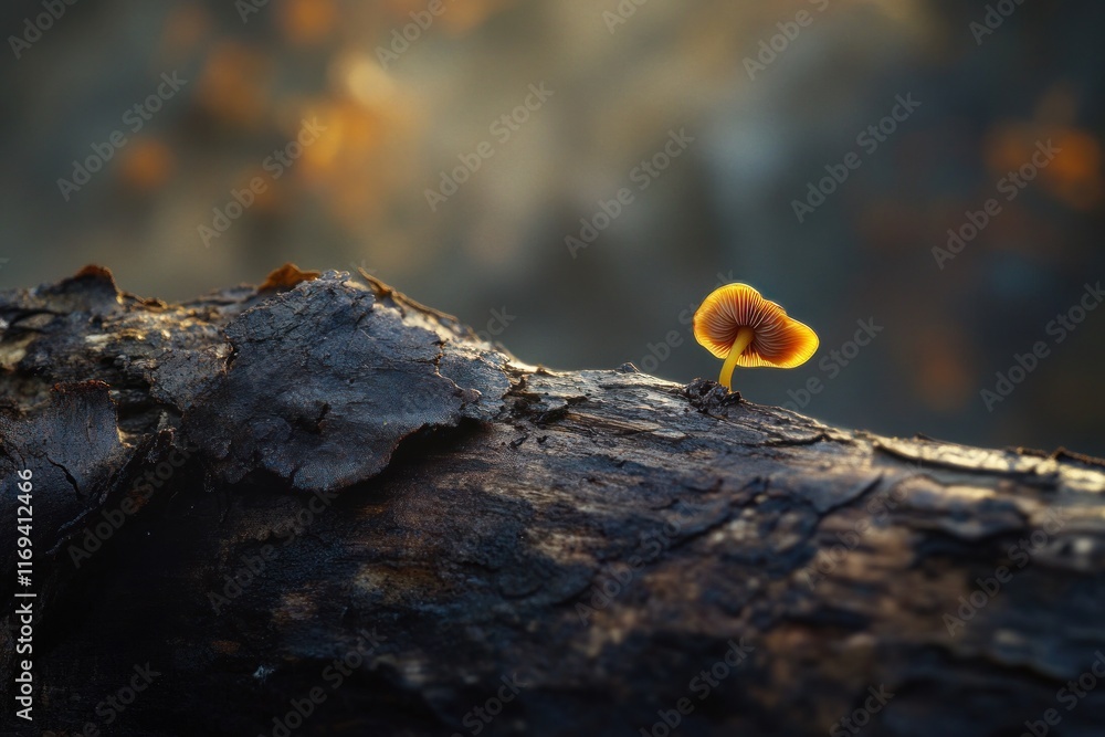 Poster A tiny mushroom with vibrant colors thrives on a decaying log, illuminated by gentle sunlight filtering through trees