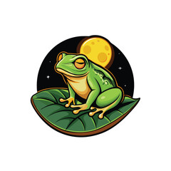 A vector illustration of a green frog basking under the moonlight on a leaf.