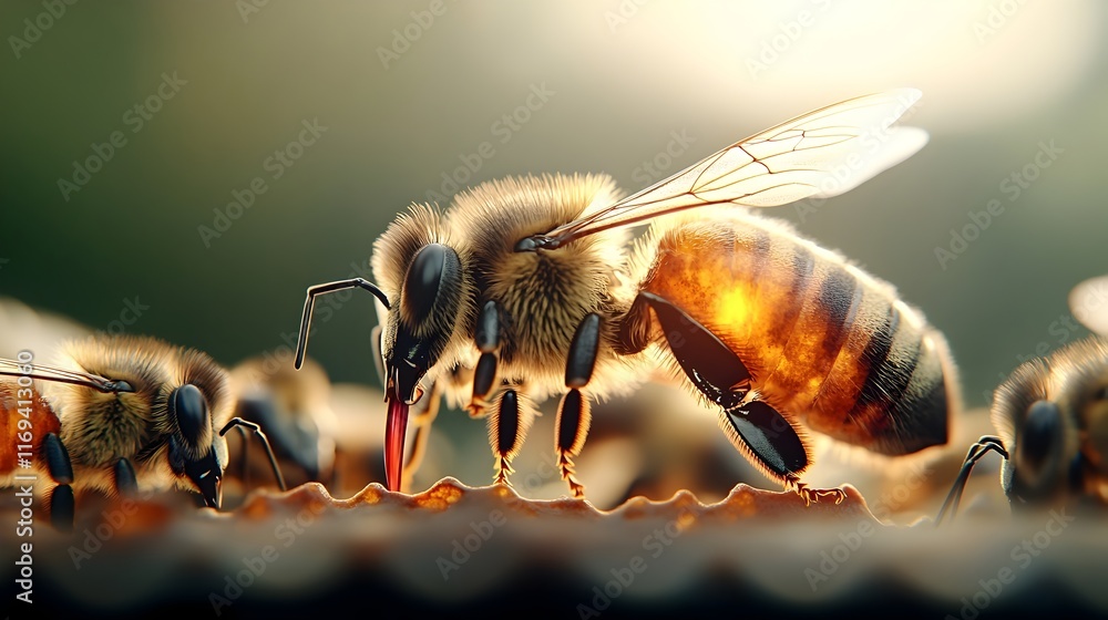 Poster close up macro shot of a pulsing queen bee surrounded by her attentive worker bees in a lush botanic
