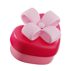 A 3D rendering of a heart-shaped gift box with a pink lid and a large pink bow, conveying a sense of love and celebration.