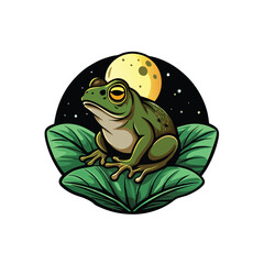 A vector illustration of a green frog basking under a bright full moon on a bed of green leaves.