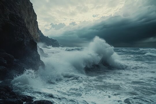 Powerful ocean waves crash onto the shore, creating white foam against the dark rocks under a stormy sky