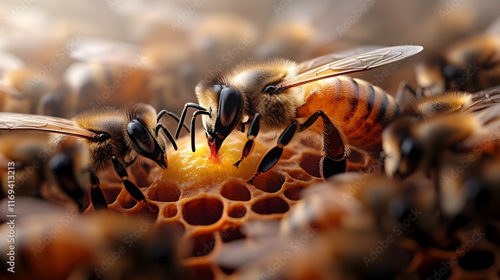 Poster captivating macro shot showcasing a queen bee pulsing with pheromones surrounded by her attentive wo