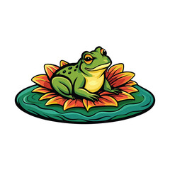 A vector illustration of a green frog with yellow spots sitting on a lily pad in a pond.