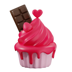 A 3D rendering of a pink cupcake topped with a swirl of frosting, a strawberry, a chocolate bar, and a heart-shaped decoration, perfect for Valentine's Day.