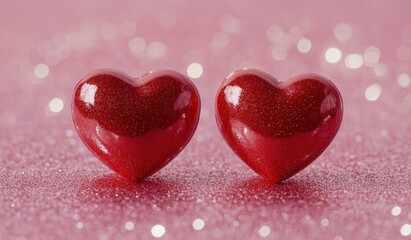 Obraz premium Two red hearts on a pink glitter background, a Valentine's Day concept banner with a copy space area for text and message, a romantic love theme Generative AI