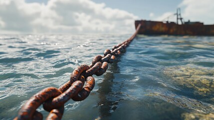 A long, rusted chain stretches through clear water, connecting to an abandoned vessel. Fluffy clouds drift by in the blue sky, creating a serene coastal atmosphere