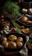 Savory roasted potatoes arranged elegantly in a cast iron skillet, garnished with fresh herbs for a rustic and appetizing presentation. Surrounded by ingredients such as garlic and herbs, evoking warm