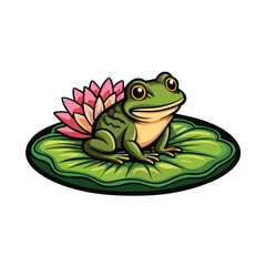 A vector illustration of a green frog with yellow eyes, sitting on a green lily pad with a pink lily flower behind it.