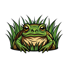 A vector illustration of a green frog camouflaged in tall, green grass.
