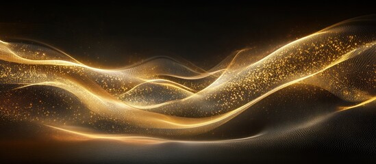 Abstract golden wave with sparkling particles on black background.