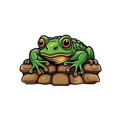 A cartoon vector illustration of a green frog camouflaged on a brown stone wall.