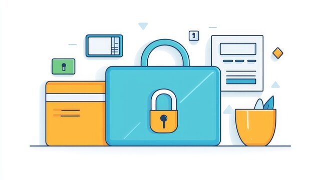 Secure Data Protection Concept Illustration with Locked Suitcase, Credit Card and Documents