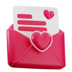 A 3D rendering of a pink envelope with a white paper inside and two heart decorations.