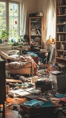 Messy living room filled with clutter and disorganized belongings