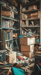 Fototapeta premium Disorganized Storage Room Filled with Paperwork and Cardboard Boxes