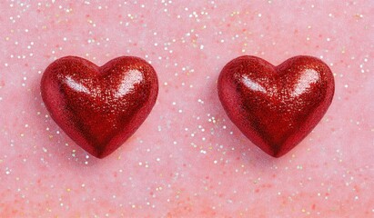 Fototapeta premium Two red hearts on a pink glittery background with copy space for a Valentine's Day celebration, a romantic wallpaper Generative AI