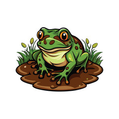 A green frog with brown spots emerges from a swamp, surrounded by green grass and yellow flowers.