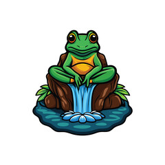 A cartoon frog meditating on a rock with a waterfall behind it.