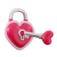 A 3D rendering of a pink heart-shaped padlock with a silver key inserted into it, symbolizing love and unity.