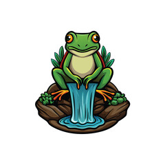 Vector illustration of a green frog meditating on a rock with a waterfall flowing behind it.