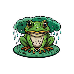 A cartoon frog sits on a lily pad in a rainstorm.