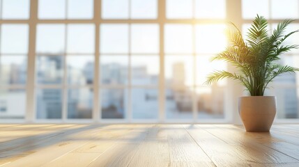 Fototapeta premium Sunny room, city view, empty table