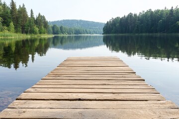 Tranquil Wooden Dock Extending into Serene Forest Lake Waters