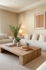 Cozy modern living room with neutral colors and natural decor elements