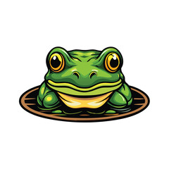 A vector illustration of a green frog with yellow eyes partially submerged in water.