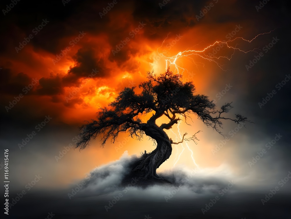 Poster dramatic silhouetted twisted and gnarled oak tree frame against a roiling thunderous sky with bolts 