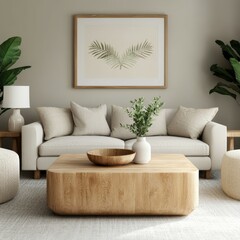 Charming living room with neutral colors and natural decor elements