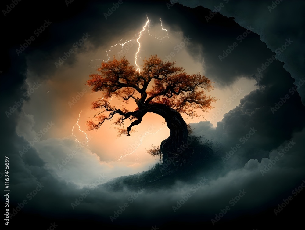 Poster silhouetted gnarled and twisted oak tree frame against a roiling thunderous sky filled with bolts of