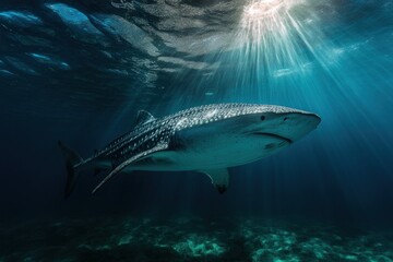 Naklejka premium A graceful whale shark swims near the ocean floor, sunlight filtering through the water, highlighting its massive frame