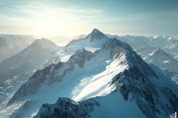 Stunning mountain range showcases snow-covered summits and glaciers glistening under the morning sun along the horizon